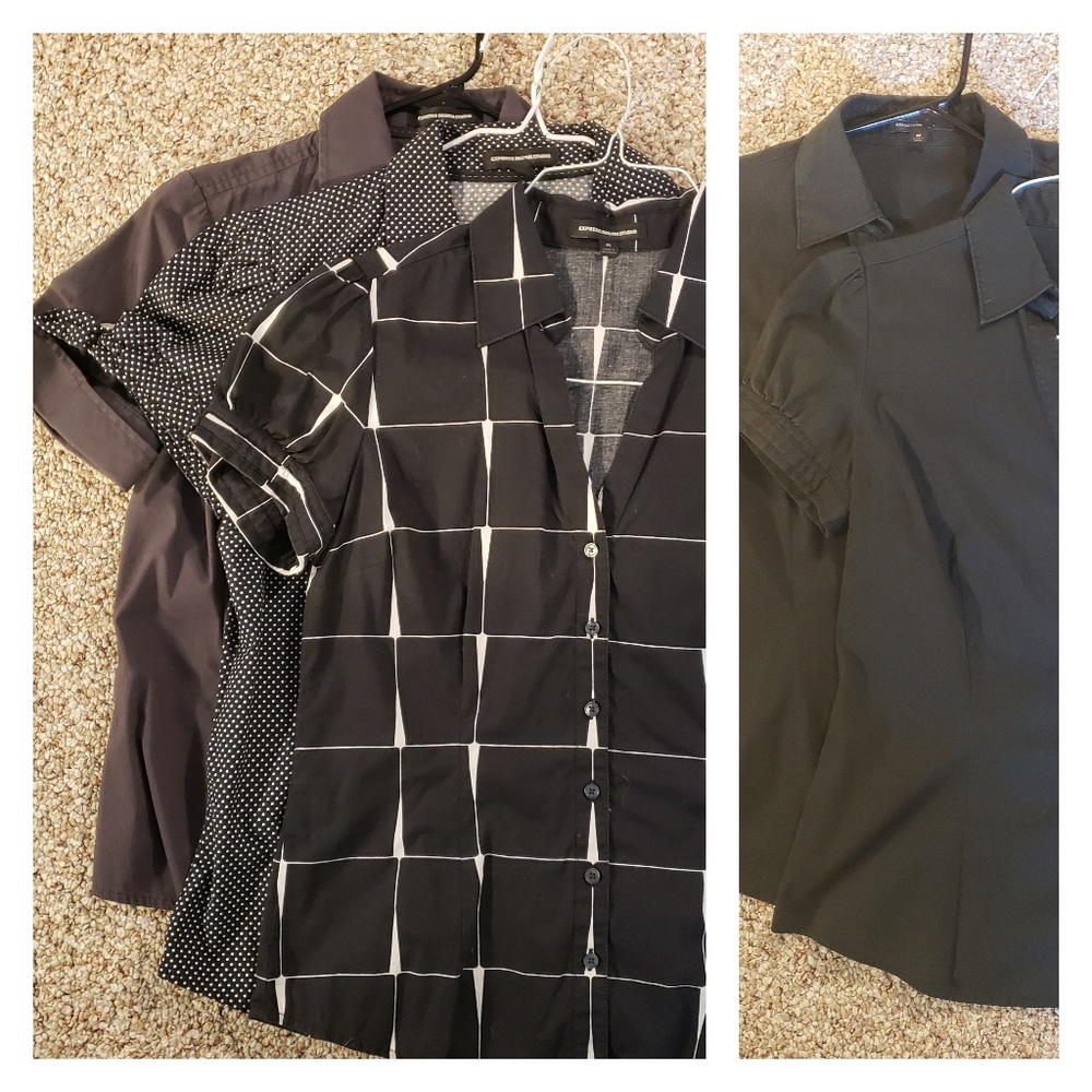 5 Express Blouses: black & white, grey, black
